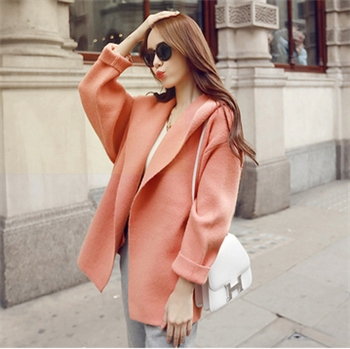 秀族 2016秋装新款韩版毛呢外套女装宽松粉色大衣中长款