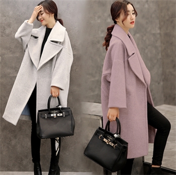 2017秋冬加厚韩国韩范宽松中长款毛呢外套显瘦纯色大翻领